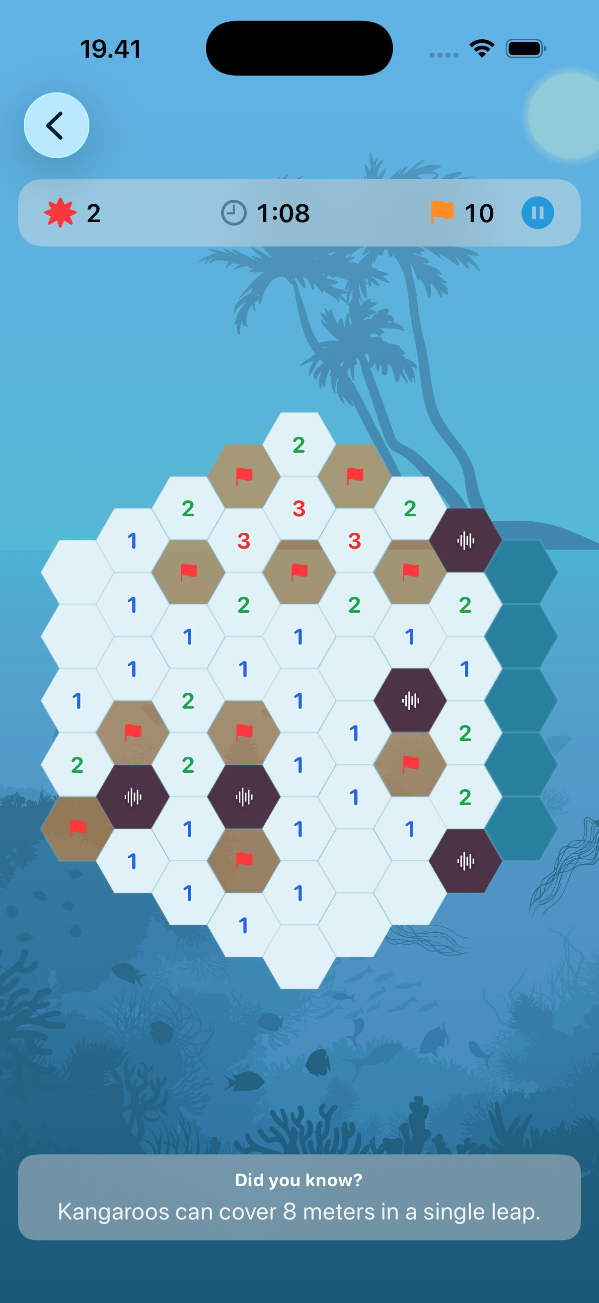 Hexposed hex grid gameplay with flags, numbers and obstacles