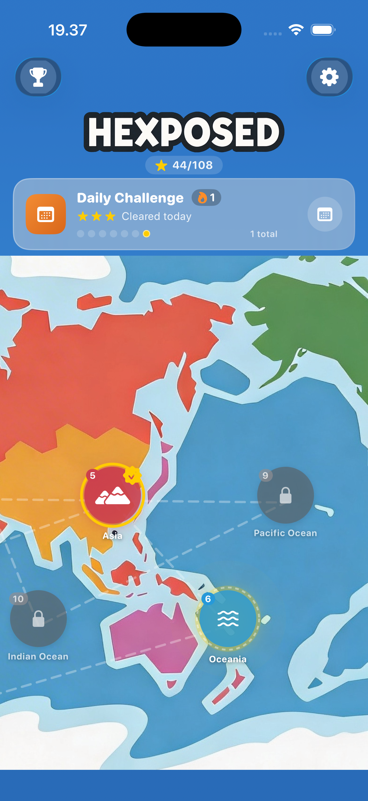 Hexposed world map with progress and Daily Challenge