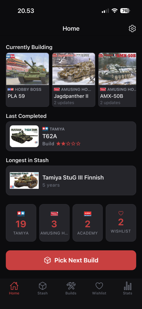 Kitpick home dashboard with current builds and stats