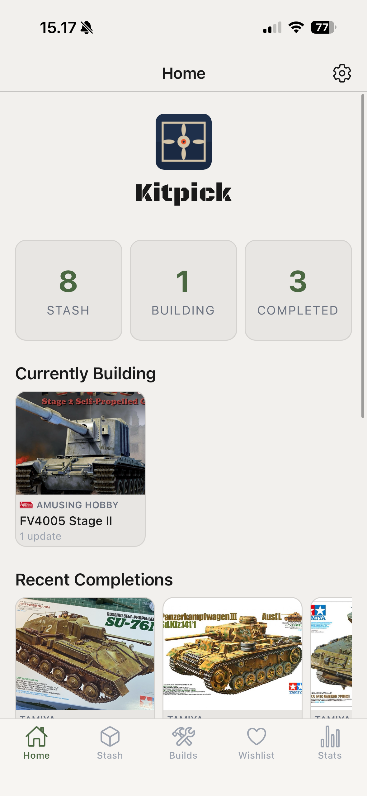 KitPick home dashboard