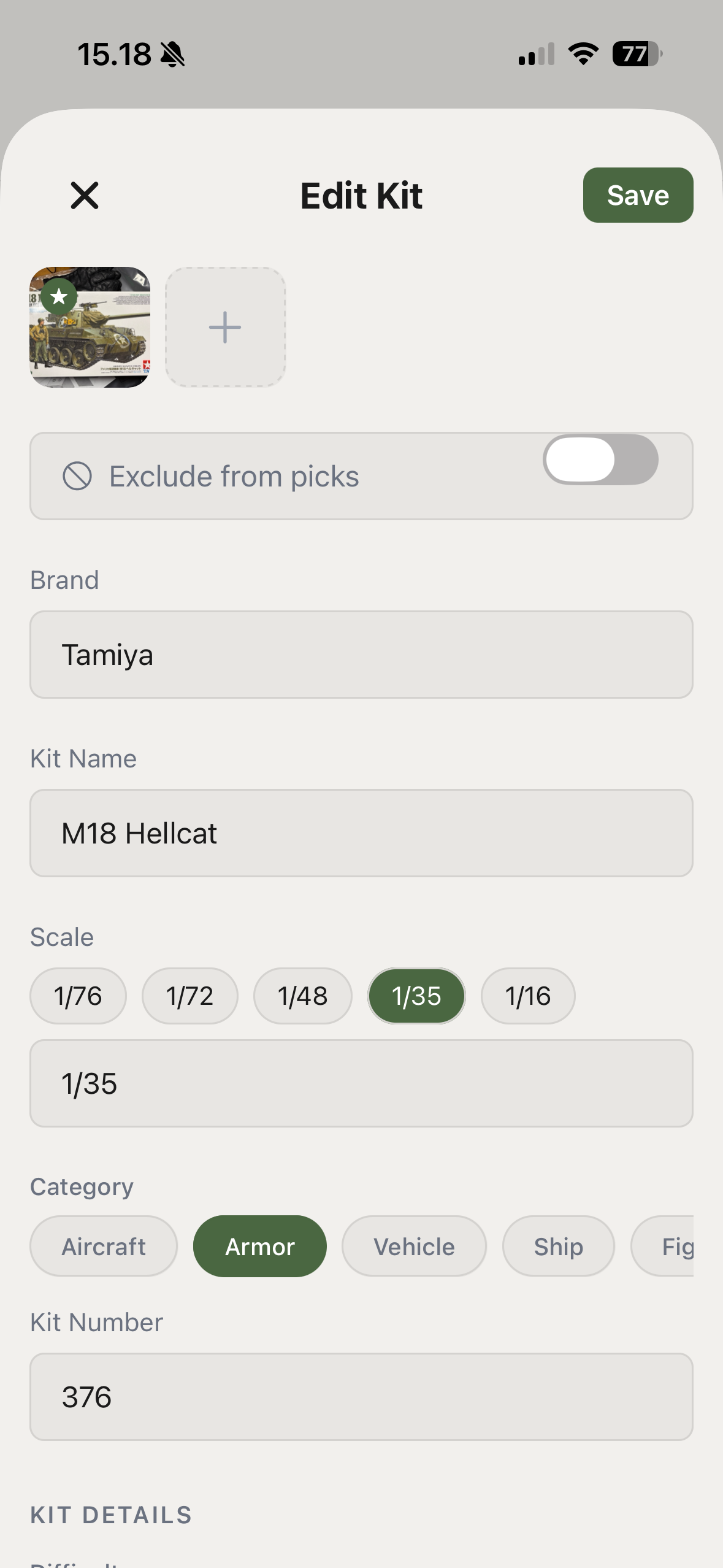 KitPick edit kit form