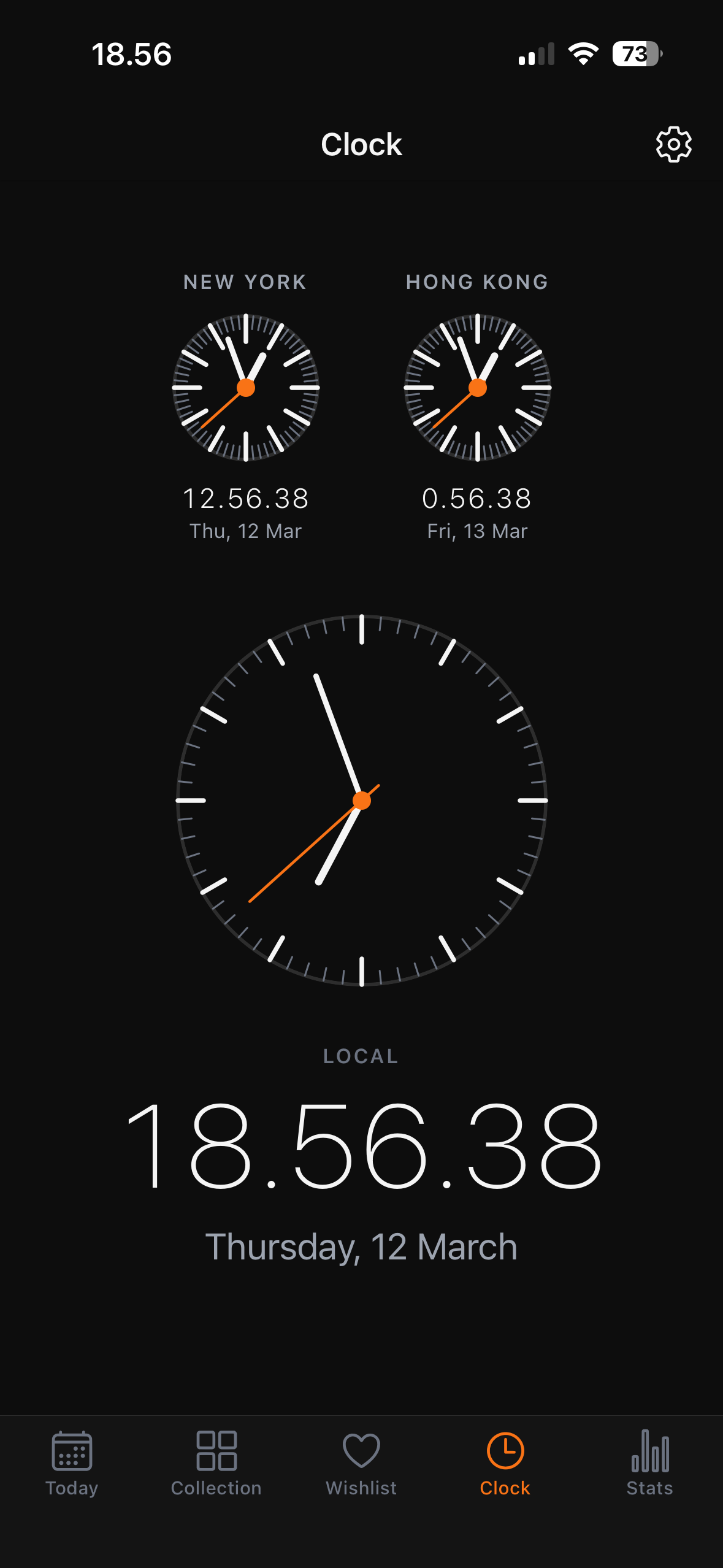 Clock screen with world time dials and local analog clock